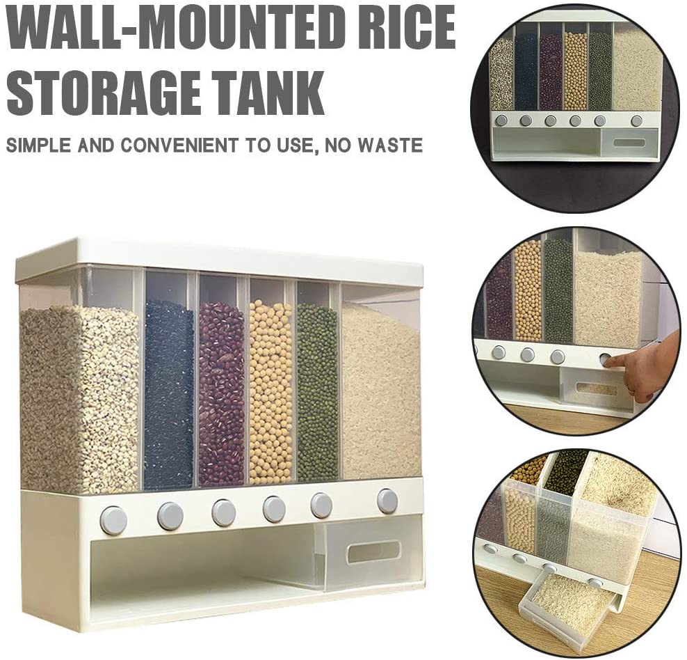 6 In1 Kitchen Wall Mounted Assorted Grain Rice Bucket Tub Cereal Dispenser Dry Food Storage Container