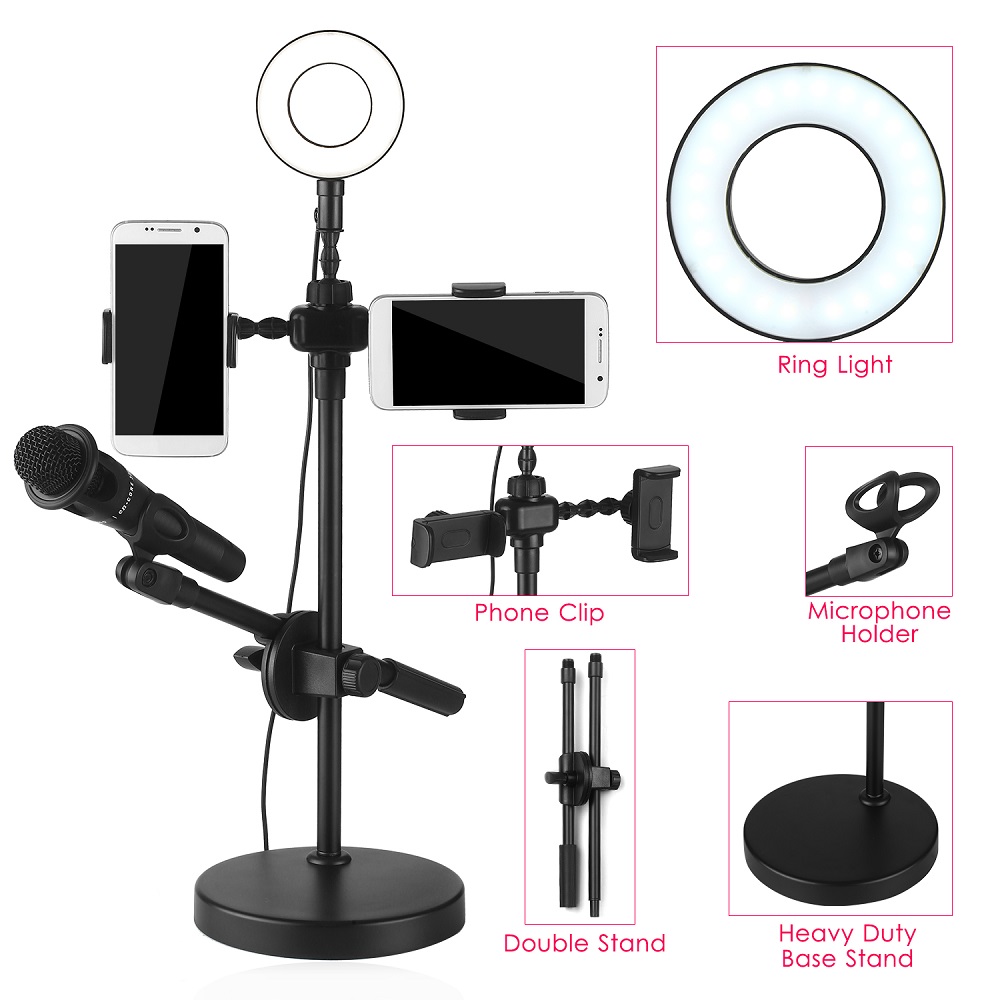 Professional LED Lighting Ring 16cm With Telephone And Microphone Stand 4 In 1 Professional Live Voice Stream