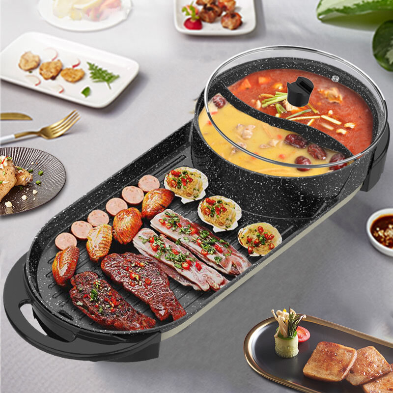 LIVEN SK-J6860 Multifunctional Eletric Grill Teppanyaki Plate Shabu Pot 2150W Independent Temperature Control Non-stick Medical Stone from Ecological Chain
