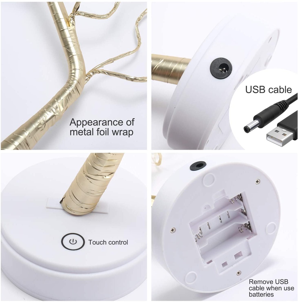 Mini LED Tree Lights Bedroom Night Light and Descktop With  USB and Battery, Copper Wire String Lights ,Touch Switch