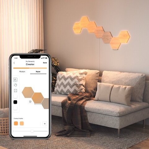 Nanoleaf  - NL52-K-7002HB-7PK Elements Hexagons Starter Kit Birchwood - Smart WiFi LED Panel System w/ Music Visualizer - 7 Pack
