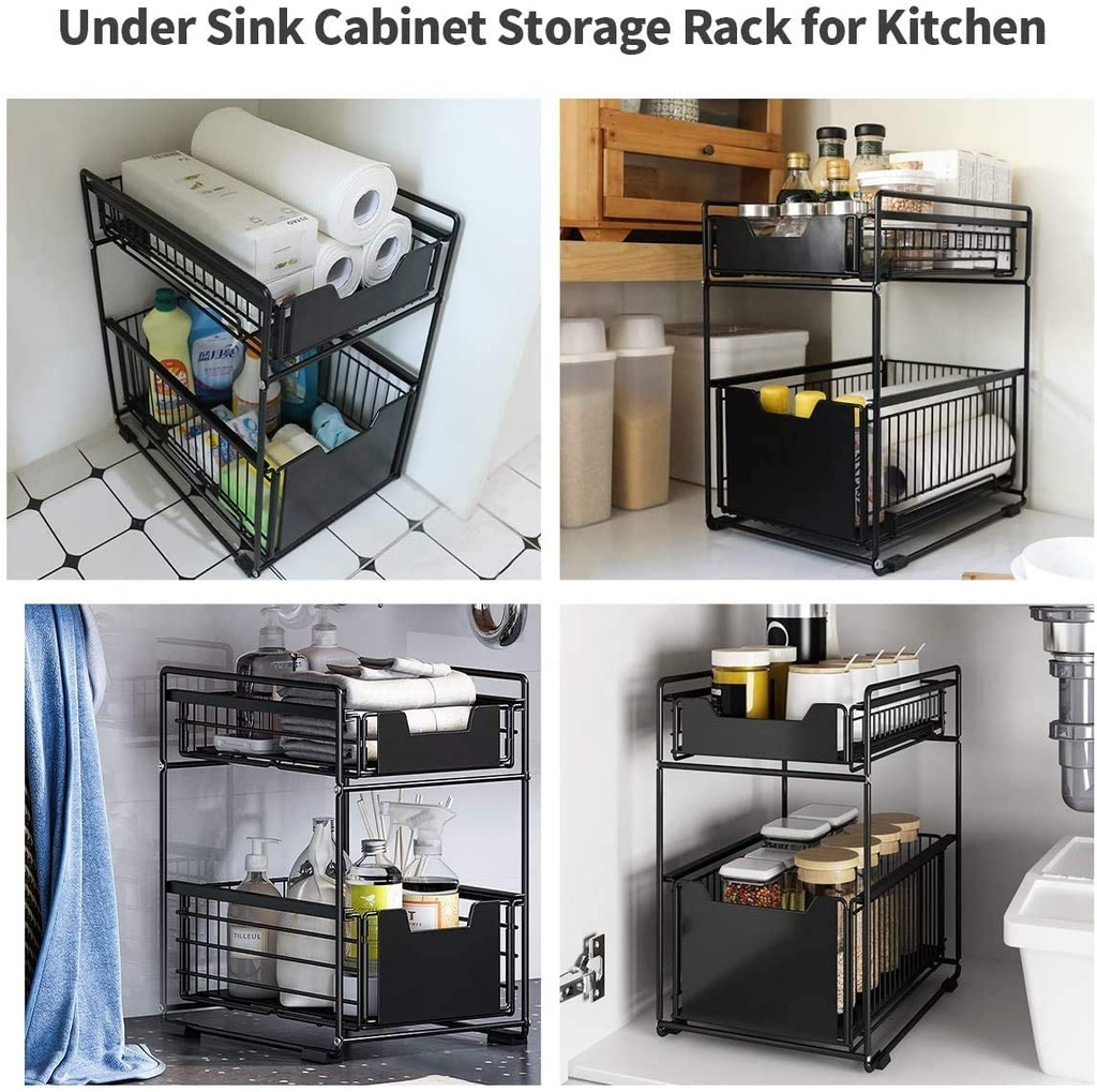 2 LAYER SLIDING UNDER THE SINK ORGANIZER DRAWER IDEAL CABINET BASKET RACK
