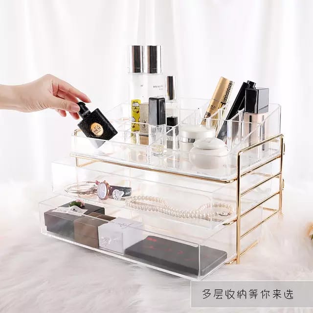 Beautify Cosmetic Organiser Case Table Storage Stand with Champagne Frame for Makeup - Golden
