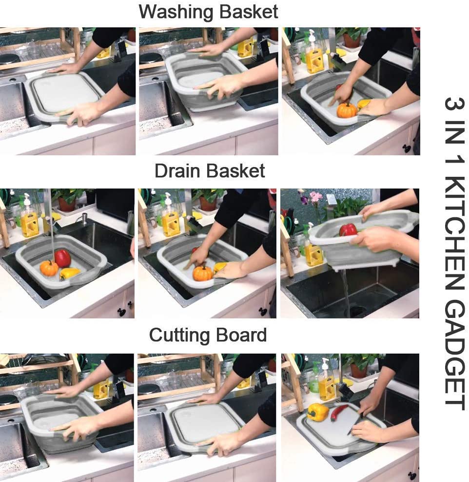 Multi-function 3-in-1 Collapsible Cutting Board Foldable Food Strainers,Drain Basket,Folding Drain Basket, Folding Chopping Board for Kitchen