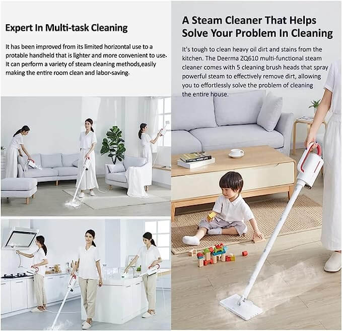 Deerma ZQ610 Multi-function Steam Cleaner with 5 Brush Heads 1300W Lightweight Steam Glass Scraper | 99.99% Sterilization - White