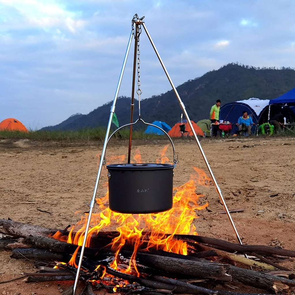 Portable Mini Adjustable Campfire Pot Holder Cooking Stand with Storage Bag & Aluminum Alloy Cooking Hanging Pot