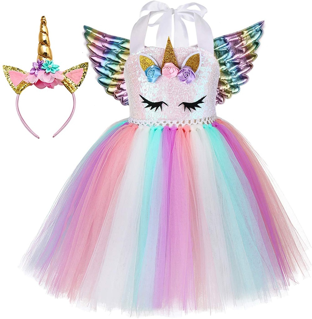 Unicorn Cosplay Costume For Toddler Girls Rainbow Dance Costume with Headband