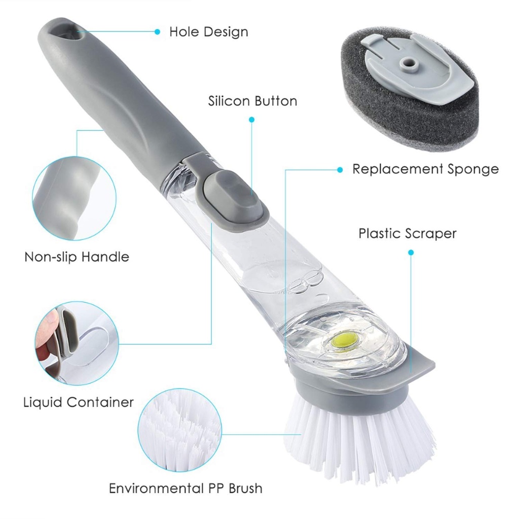Decontamination Kitchen Cleaning Brush Scrubber Dish Bowl Washing Sponge with Refill Liquid Soap Dispenser Kitchen Pot Cleaner Tool Long Handle Sponge with White Wok Brush