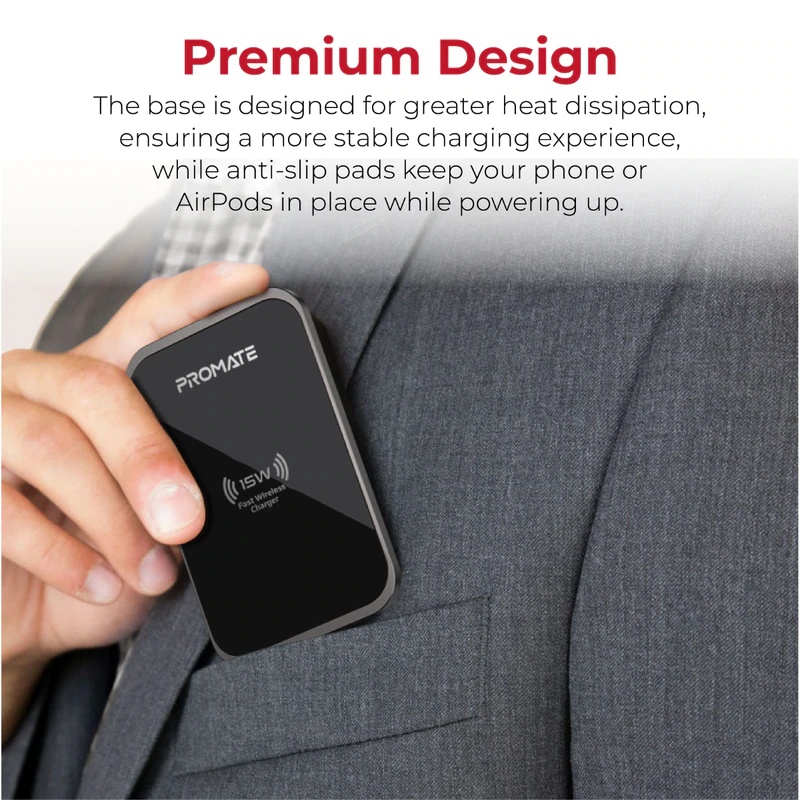 Promate | AuraCard-15W | 15W Fast Charging Slim Metallic Wireless Charger