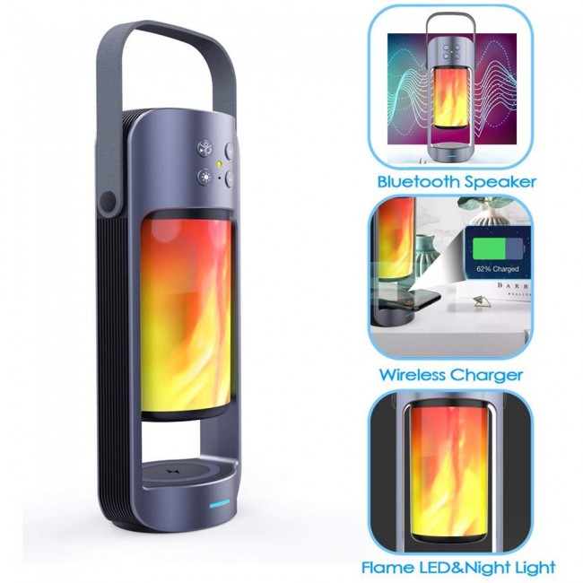 (USED) Portable Bluetooth Flame Alpha Speaker with LED Lamp Wireless Charger 3 in 1 Flame Lantern Design (Used)