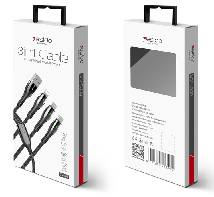 Yesido CA44 3 in 1 Fast Charging & Data Cable For | USB-C & USB-A & IOS |  120CM