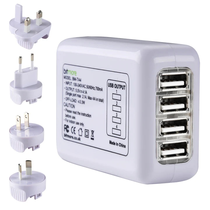 Universal 4 Ports USB Travel Charger AC Wall Power Adapter for Mobile Phones, Tablets