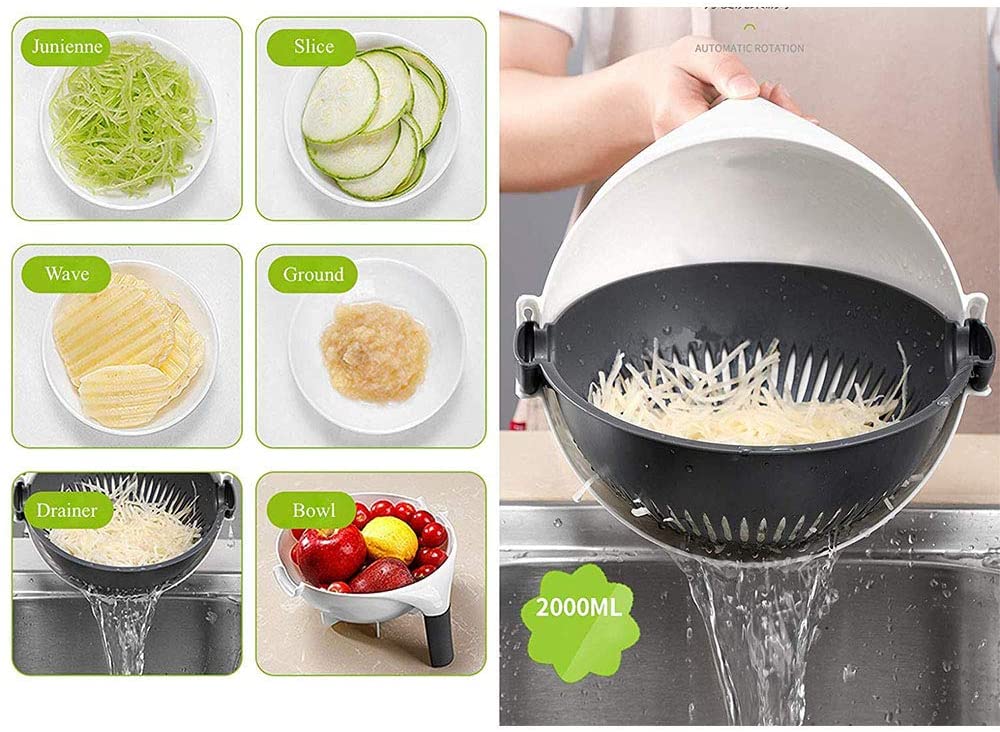 9 In 1 Vegetable Cutter With Drain Basket Kitchen Shredder Grater Slicer Magic Multifunctional Rotate Vegetable Cutter