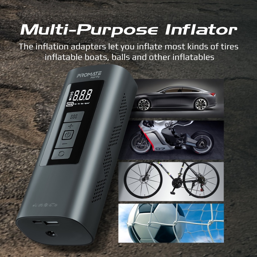 Promate | Aerify | 150PSI Portable Air Compressor With Built-in 6,000mAh Multi-Port Power Bank
