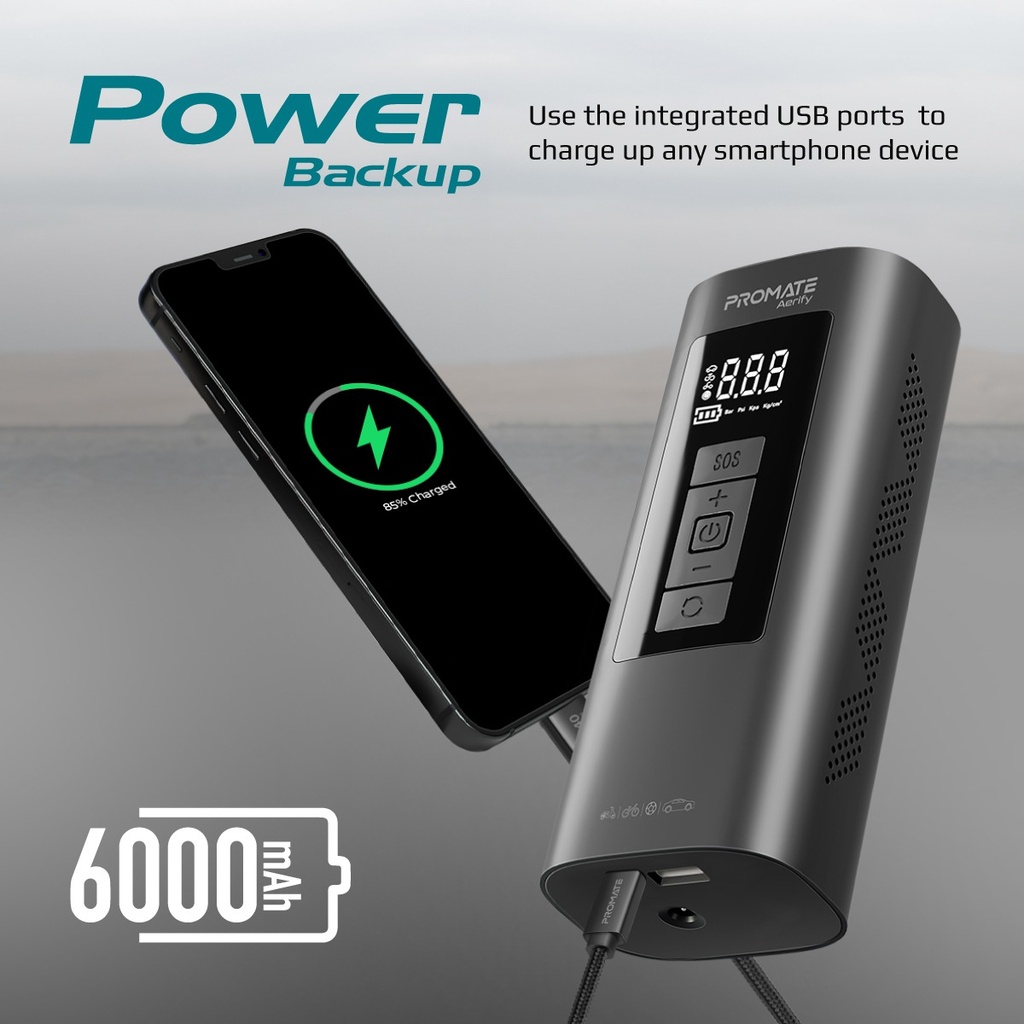 Promate | Aerify | 150PSI Portable Air Compressor With Built-in 6,000mAh Multi-Port Power Bank