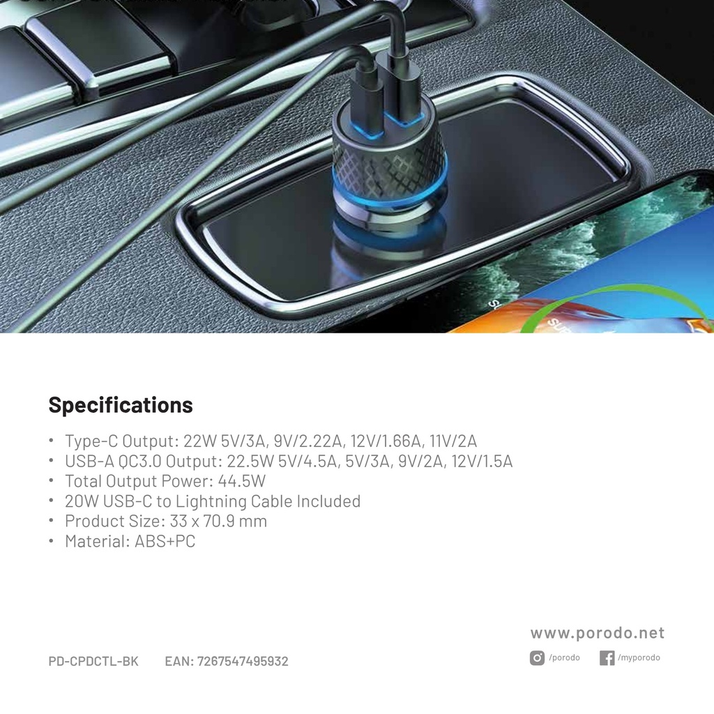 PORODO 44.5W DUAL OUTPUT FAST CAR CHARGER WITH TYPE-C TO IOS CABLE  | PD-CPDCTL-BK |
