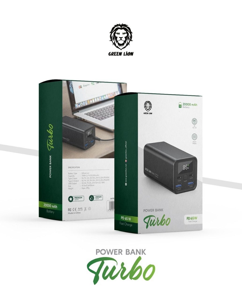 Green Lion Power Bank Turbo 20000 mAh Battery PD65W Fast Charge | GNTB20KPBBK |