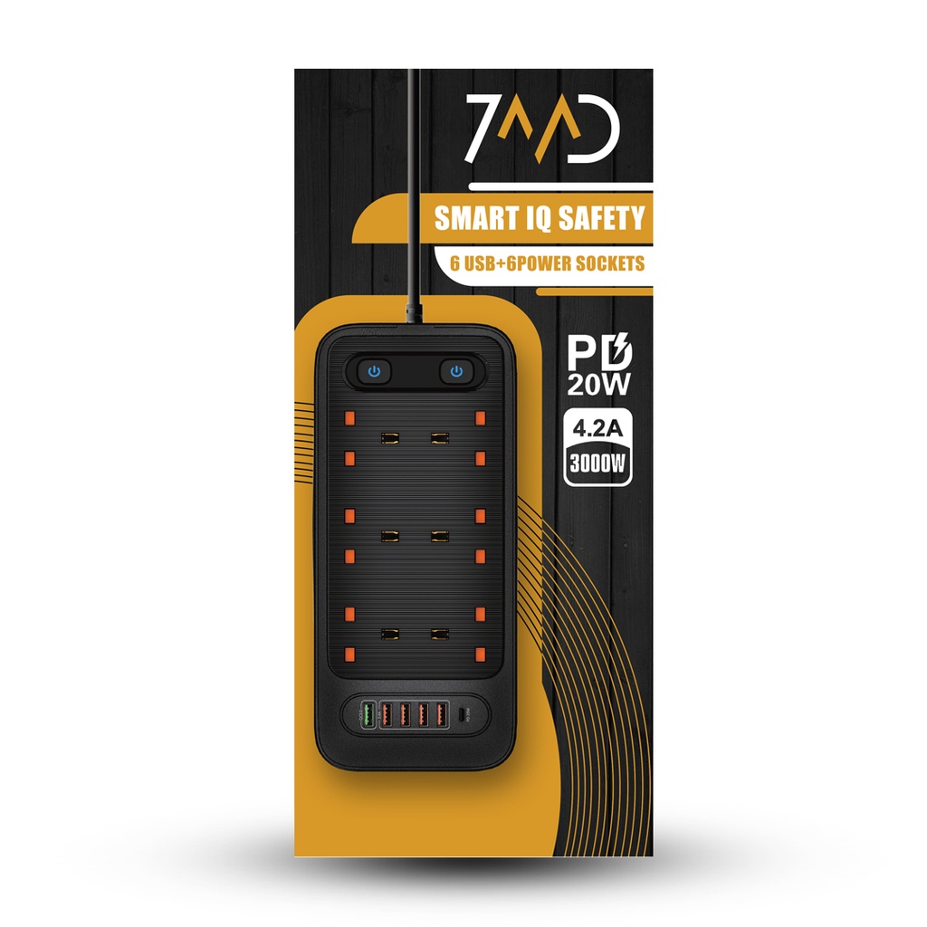 7MD STORE 3,000W MULTI-PORT POWER SOCKET & CHARGING STATION 2 METER WIRE LENGHT WITH SMART IQ SAFETY