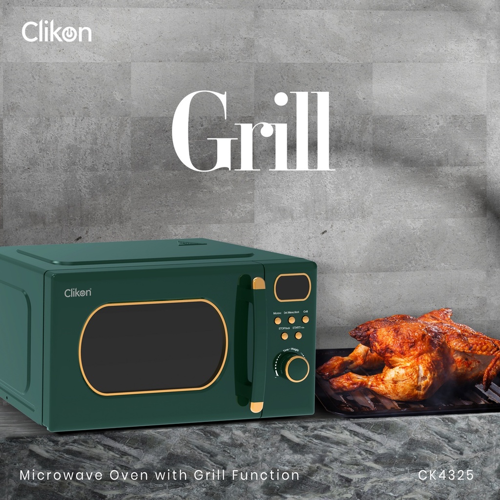 CLIKON RETRO MICROWAVE OVEN WITH GRILL FUNCTION, DIGITAL CONTROLS, EXPRESS COOKING, PULL HANDLE DOOR, 255 MM GLASS TURNTABLE AND MULTIPLE POWER LEVELS 22 L (CK4325)