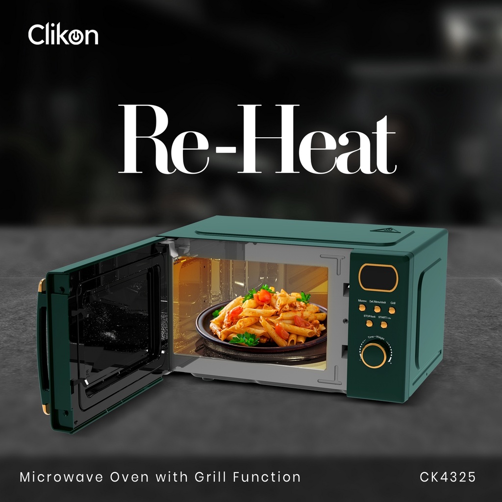 CLIKON RETRO MICROWAVE OVEN WITH GRILL FUNCTION, DIGITAL CONTROLS, EXPRESS COOKING, PULL HANDLE DOOR, 255 MM GLASS TURNTABLE AND MULTIPLE POWER LEVELS 22 L (CK4325)