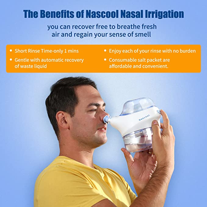 Nascool Nasal Irrigator | Perfect Solution For Nose Congestion | Drug-Free | Safe & Hygiene | Quick & Efficient | FDA Approved | Single Dosage Calculated | 50 Salt Packets & Measuring Cup Included |