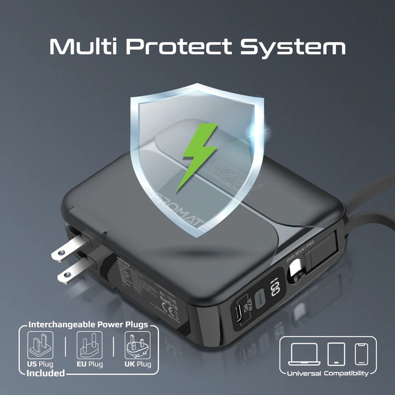 Promate Ultra-compact 20000mAh Fast Charging Power Bank with AC Charger | 27W Apple Power Delivery | 22.5W USB-C Power Delivery | Interchangeable Power Plugs | Universal Compatibility | Multiple Safety | Small & Ultra Compact | Foldable Plug | Built-in Cables | Fast Charging | Premium Quality | 2 Years Warranty | PowerPack-20Pro |