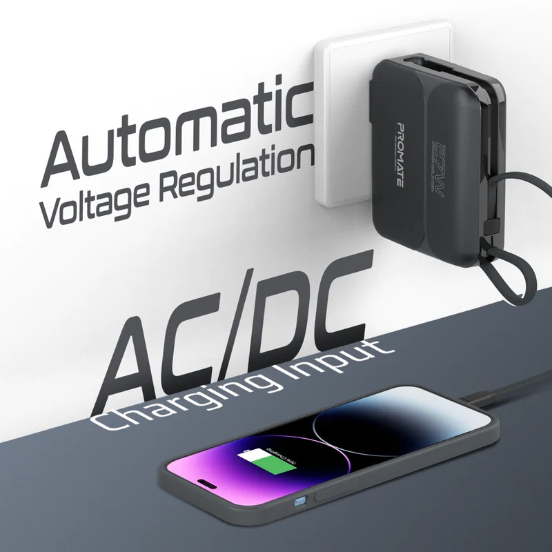 Promate Ultra-compact 20000mAh Fast Charging Power Bank with AC Charger | 27W Apple Power Delivery | 22.5W USB-C Power Delivery | Interchangeable Power Plugs | Universal Compatibility | Multiple Safety | Small & Ultra Compact | Foldable Plug | Built-in Cables | Fast Charging | Premium Quality | 2 Years Warranty | PowerPack-20Pro |