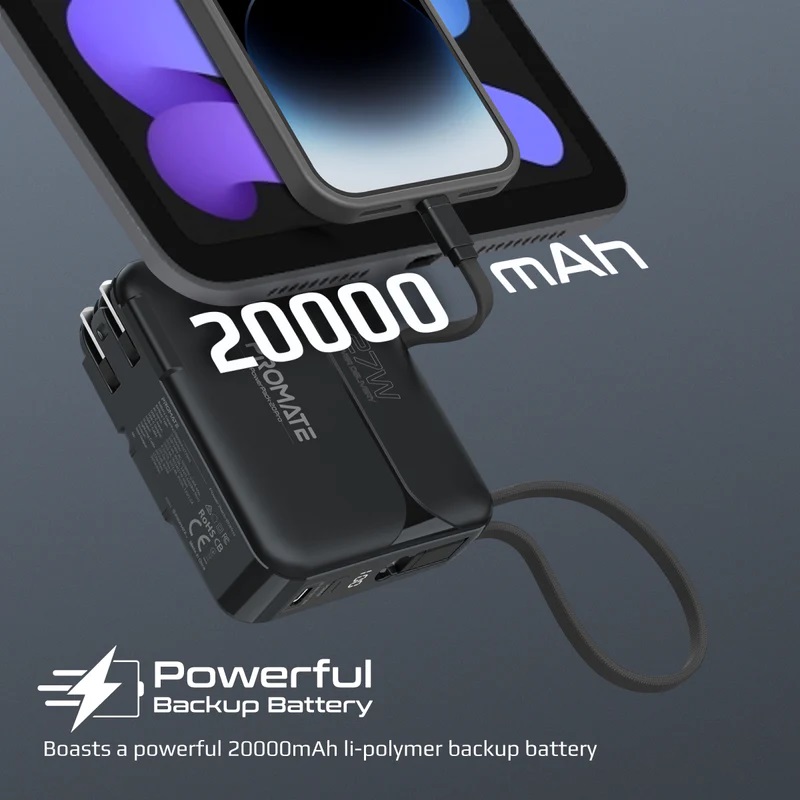 Promate Ultra-compact 20000mAh Fast Charging Power Bank with AC Charger | 27W Apple Power Delivery | 22.5W USB-C Power Delivery | Interchangeable Power Plugs | Universal Compatibility | Multiple Safety | Small & Ultra Compact | Foldable Plug | Built-in Cables | Fast Charging | Premium Quality | 2 Years Warranty | PowerPack-20Pro |