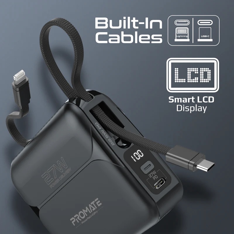 Promate Ultra-compact 20000mAh Fast Charging Power Bank with AC Charger | 27W Apple Power Delivery | 22.5W USB-C Power Delivery | Interchangeable Power Plugs | Universal Compatibility | Multiple Safety | Small & Ultra Compact | Foldable Plug | Built-in Cables | Fast Charging | Premium Quality | 2 Years Warranty | PowerPack-20Pro |