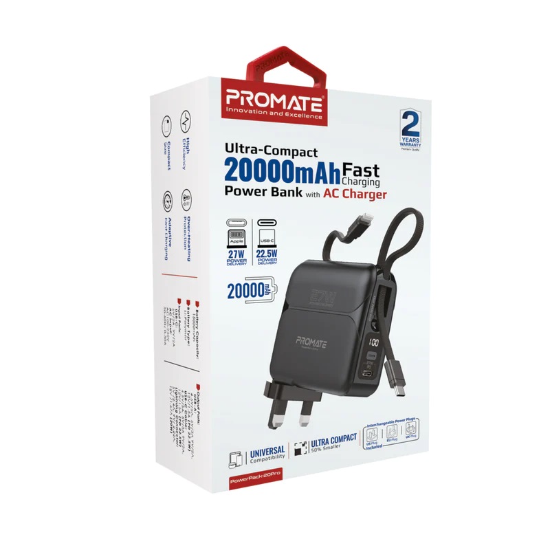 Promate Ultra-compact 20000mAh Fast Charging Power Bank with AC Charger | 27W Apple Power Delivery | 22.5W USB-C Power Delivery | Interchangeable Power Plugs | Universal Compatibility | Multiple Safety | Small & Ultra Compact | Foldable Plug | Built-in Cables | Fast Charging | Premium Quality | 2 Years Warranty | PowerPack-20Pro |