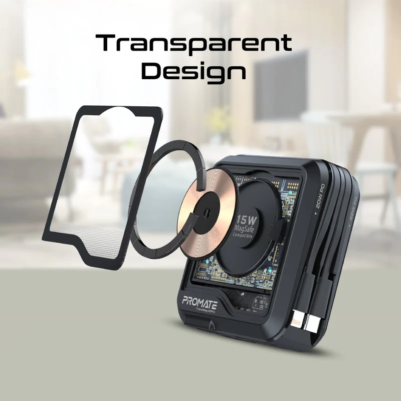 Promate Transparent 15W MagSafe Compatible Wireless Charging Power Bank with AC Charger | 20W Apple PD | 22.5W USB-C PD | Interchangeable Power Plug | QC3.0 Quick Charge | Small & Ultra Compact | Built-in Kickstand | Universal Compatbility | Charge 4 Devices At a Time | Multiple Safety | Premium Quality | 2 Years Warranty | TransMag-20Pro |