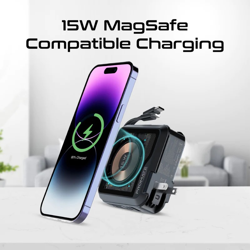 Promate Transparent 15W MagSafe Compatible Wireless Charging Power Bank with AC Charger | 20W Apple PD | 22.5W USB-C PD | Interchangeable Power Plug | QC3.0 Quick Charge | Small & Ultra Compact | Built-in Kickstand | Universal Compatbility | Charge 4 Devices At a Time | Multiple Safety | Premium Quality | 2 Years Warranty | TransMag-20Pro |