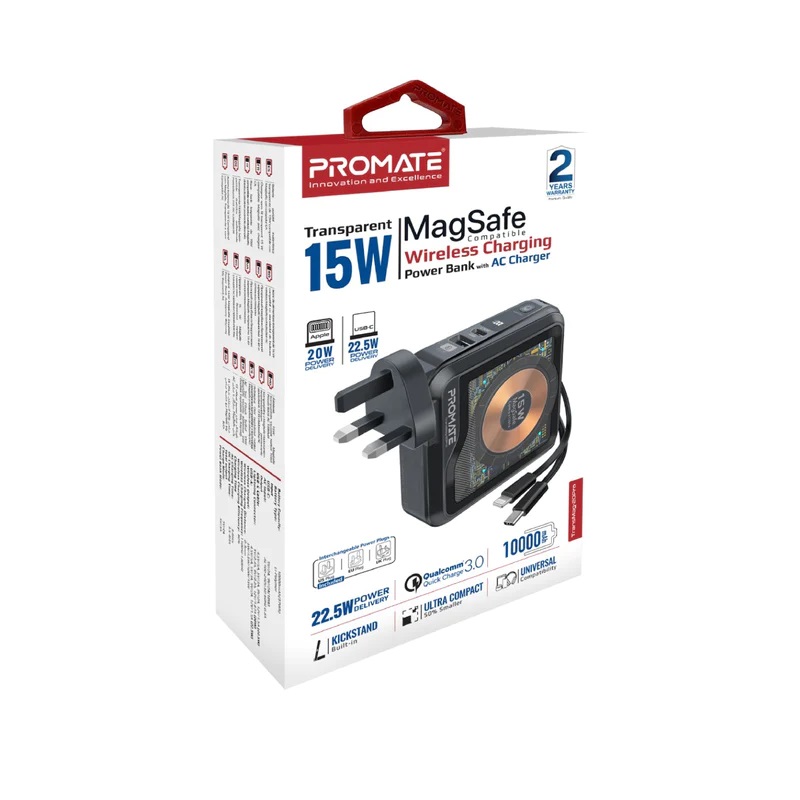 Promate Transparent 15W MagSafe Compatible Wireless Charging Power Bank with AC Charger | 20W Apple PD | 22.5W USB-C PD | Interchangeable Power Plug | QC3.0 Quick Charge | Small & Ultra Compact | Built-in Kickstand | Universal Compatbility | Charge 4 Devices At a Time | Multiple Safety | Premium Quality | 2 Years Warranty | TransMag-20Pro |