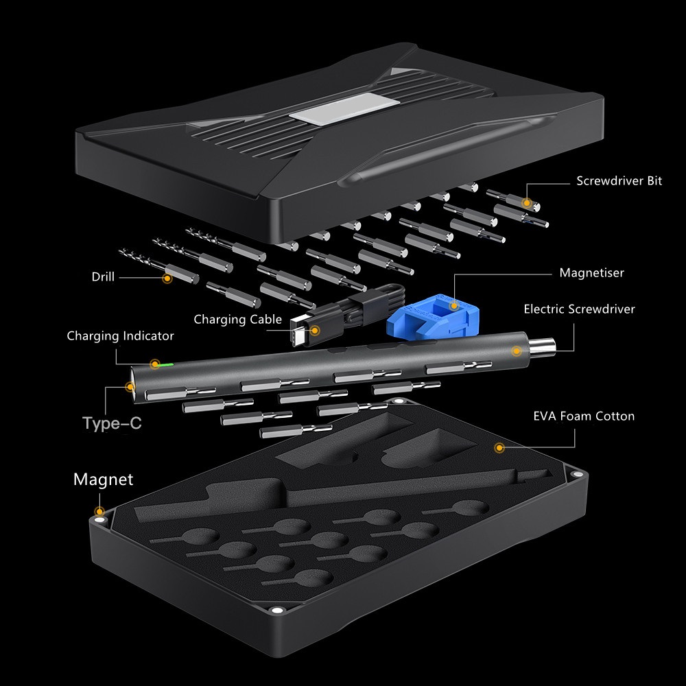 7MD Precision Electric 36 in 1 Screwdriver Set | USB-C Rechargeable Battery | Adjustable Torque | Dual Speed Modes | Stable Opening & Closing | Strong Magnetic Hold | Easy to Use | Portable & Cordless Design | LED Lighting | Premium Steel | 12 Months Warranty | KS-882040 |