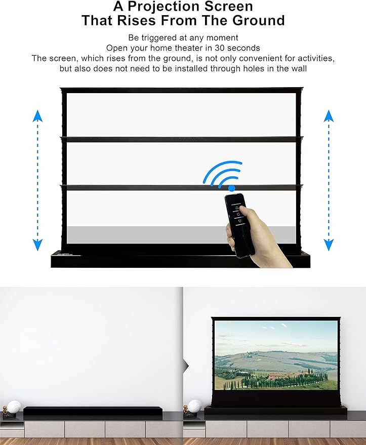 Projector Screen 100” Inch Display, Electric Auto Rising Floor Screen,160 Degree View,4K / 8K Visual Feast,3D Sound, Space-Saving Design,Easy To Assemble, Premium Quality