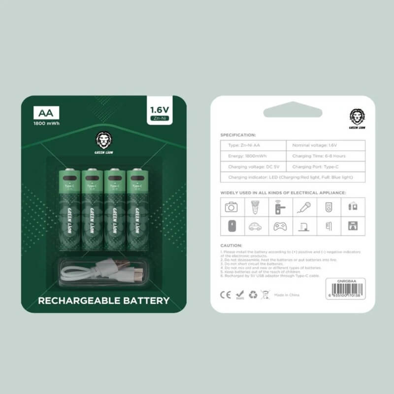 Green Lion Rechargeable AA Alkaline Battery | LED Charging Indicator | Charging Cable Included | GNRGBAA | 1800 mWh 1.6V