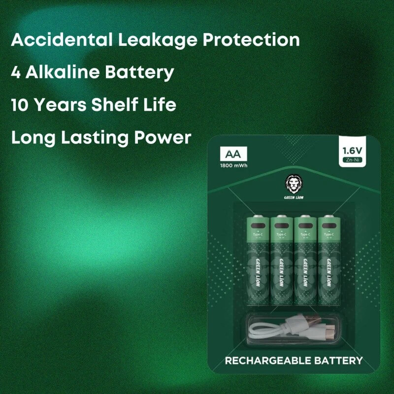 Green Lion Rechargeable AA Alkaline Battery | LED Charging Indicator | Charging Cable Included | GNRGBAA | 1800 mWh 1.6V