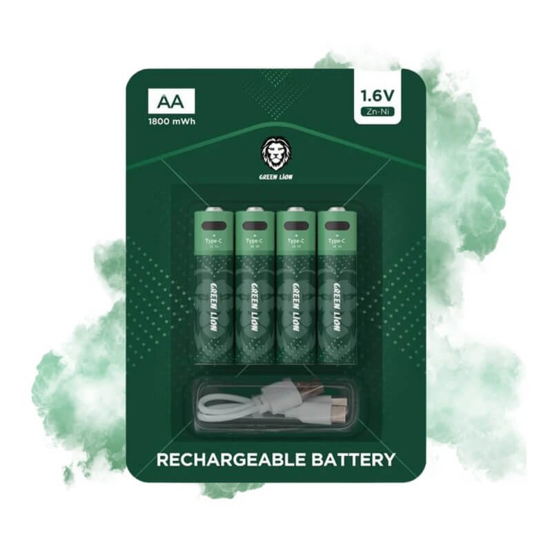 Green Lion Rechargeable AA Alkaline Battery | LED Charging Indicator | Charging Cable Included | GNRGBAA | 1800 mWh 1.6V