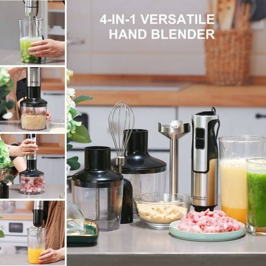 Zolele 4 in 1 Multi-Functional Hand Blender Kitchen Appliance for Blending, Chopping, Whisking, and Pureeing | Powerful Motor | Stainless Steel | Multiple Speed Levels | HB1200 | 1200W
