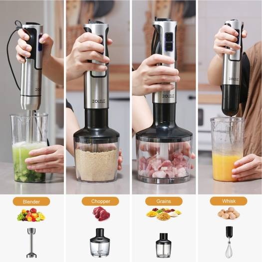 Zolele 4 in 1 Multi-Functional Hand Blender Kitchen Appliance for Blending, Chopping, Whisking, and Pureeing | Powerful Motor | Stainless Steel | Multiple Speed Levels | HB1200 | 1200W