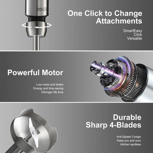 Zolele 4 in 1 Multi-Functional Hand Blender Kitchen Appliance for Blending, Chopping, Whisking, and Pureeing | Powerful Motor | Stainless Steel | Multiple Speed Levels | HB1200 | 1200W
