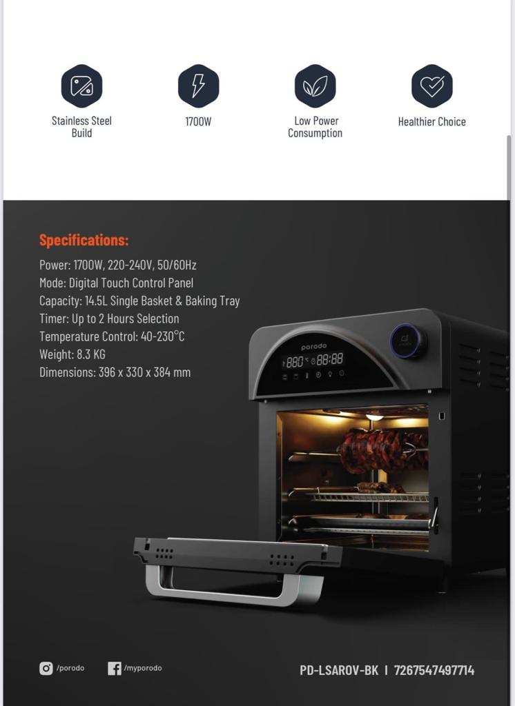 Porodo Dual Mode Touch Control Air Fryer & Oven | Advanced Air Flow Circulation | Stainless Steel Build | 1700W | Low Power Consumption | 1 Year Warranty | PD-LSAROV-BK |