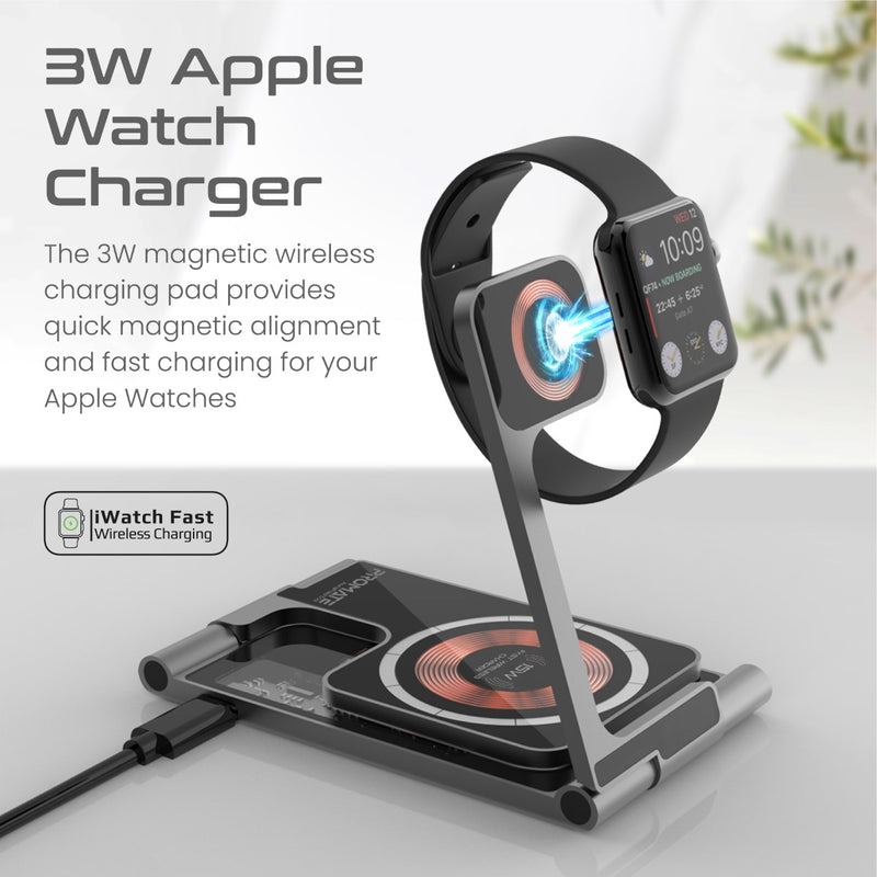 Promate 3 in 1 Ultra-Slim Transparent Foldable 15W MagSafe Compatible Wireless Charging Station | Ultra-Slim & Foldable Design | Strong Magnetic Hold | Fast Charging For iPhone & Airpods & iWatch | 2 Years Warranty | AuraFold-Trio |