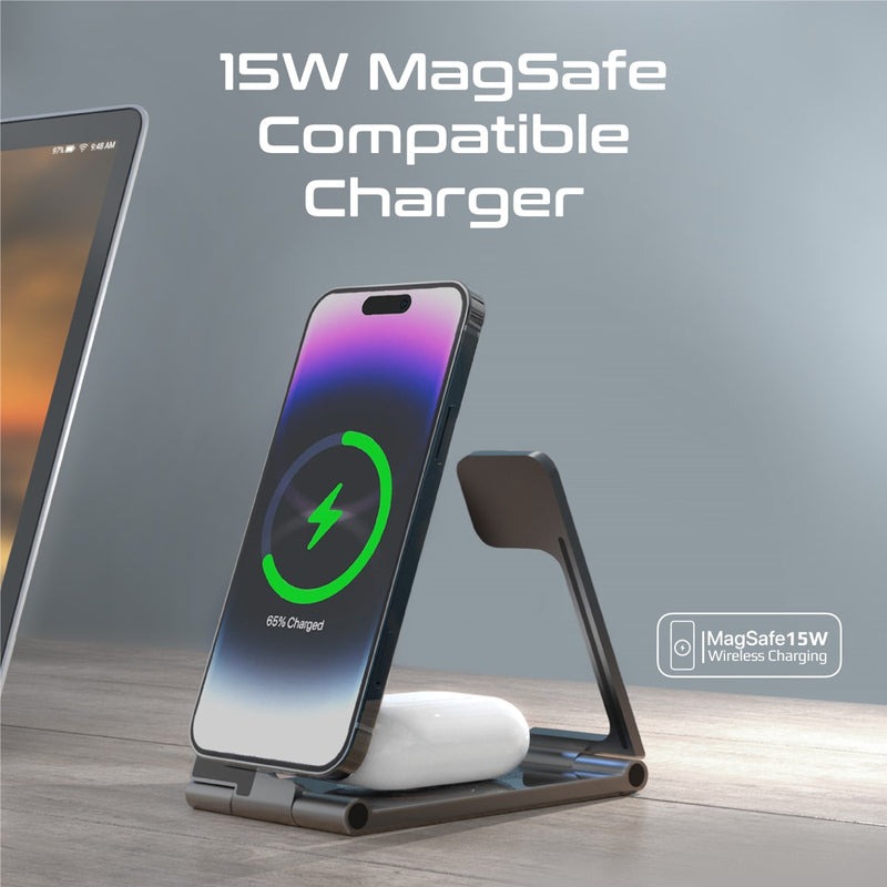 Promate 3 in 1 Ultra-Slim Transparent Foldable 15W MagSafe Compatible Wireless Charging Station | Ultra-Slim & Foldable Design | Strong Magnetic Hold | Fast Charging For iPhone & Airpods & iWatch | 2 Years Warranty | AuraFold-Trio |