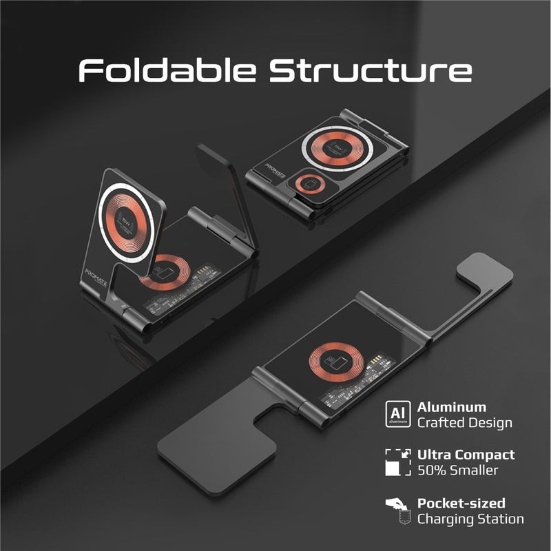 Promate 3 in 1 Ultra-Slim Transparent Foldable 15W MagSafe Compatible Wireless Charging Station | Ultra-Slim & Foldable Design | Strong Magnetic Hold | Fast Charging For iPhone & Airpods & iWatch | 2 Years Warranty | AuraFold-Trio |