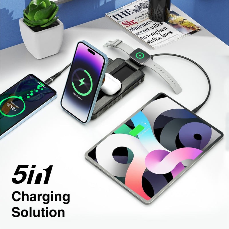Promate 5-in-1 Foldable MagSafe Compatible Wireless Charging Power Bank | Fast Charging | Case Compatible | FOD Protection | Integrated Magnetic Charger | Universal Compatbility | 2 Years Warranty | PowerPack-Fold |