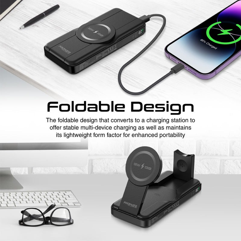 Promate 5-in-1 Foldable MagSafe Compatible Wireless Charging Power Bank | Fast Charging | Case Compatible | FOD Protection | Integrated Magnetic Charger | Universal Compatbility | 2 Years Warranty | PowerPack-Fold |