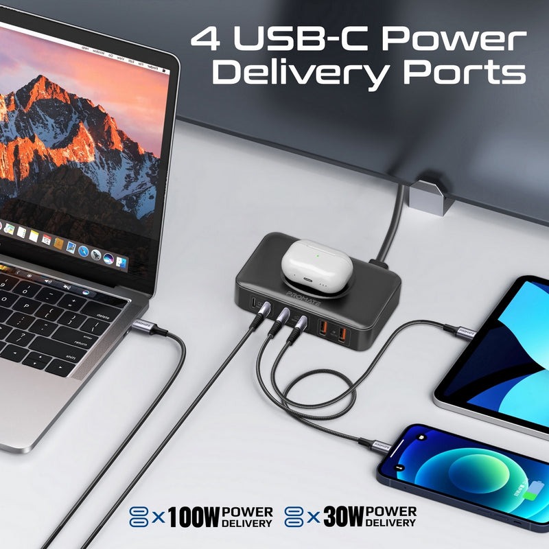 Promate GaNFast™ 100W Power Delivery Charging Station with 15W Wireless Charger | Universal Compatibility | Charge 7 Devices atThe Same Time | Ultra-Compact & Small Design | 2 Years Warranty | PowerBase-GaN100 |
