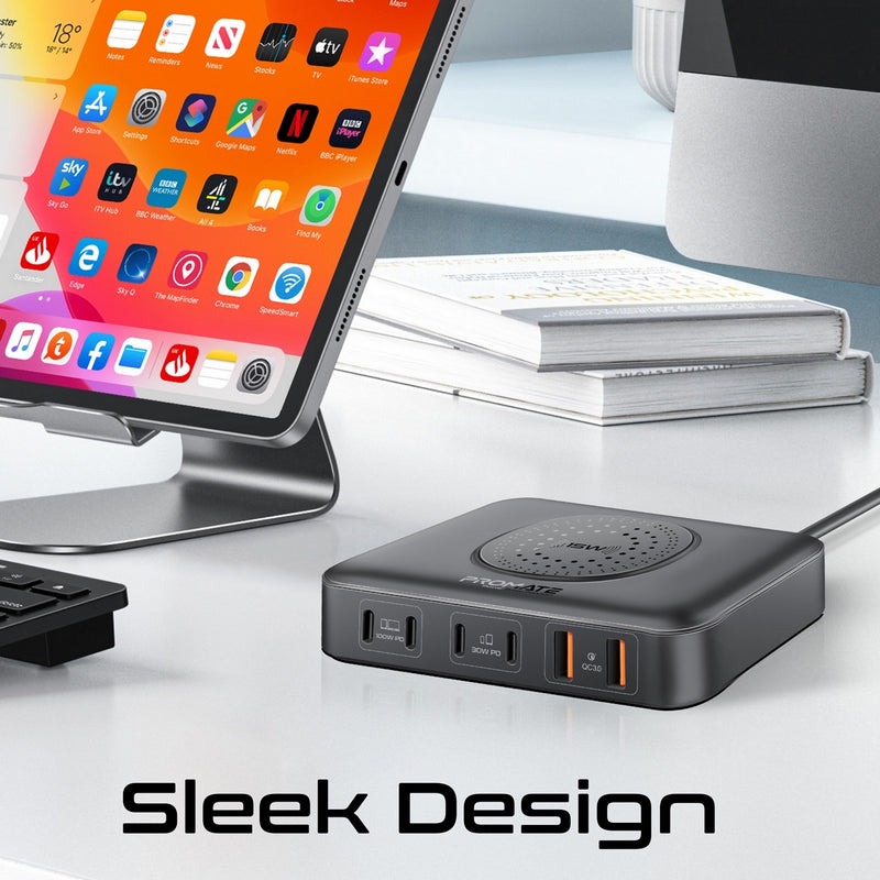 Promate GaNFast™ 100W Power Delivery Charging Station with 15W Wireless Charger | Universal Compatibility | Charge 7 Devices atThe Same Time | Ultra-Compact & Small Design | 2 Years Warranty | PowerBase-GaN100 |