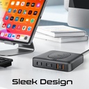 Promate GaNFast™ 100W Power Delivery Charging Station with 15W Wireless Charger | Universal Compatibility | Charge 7 Devices atThe Same Time | Ultra-Compact & Small Design | 2 Years Warranty | PowerBase-GaN100 |